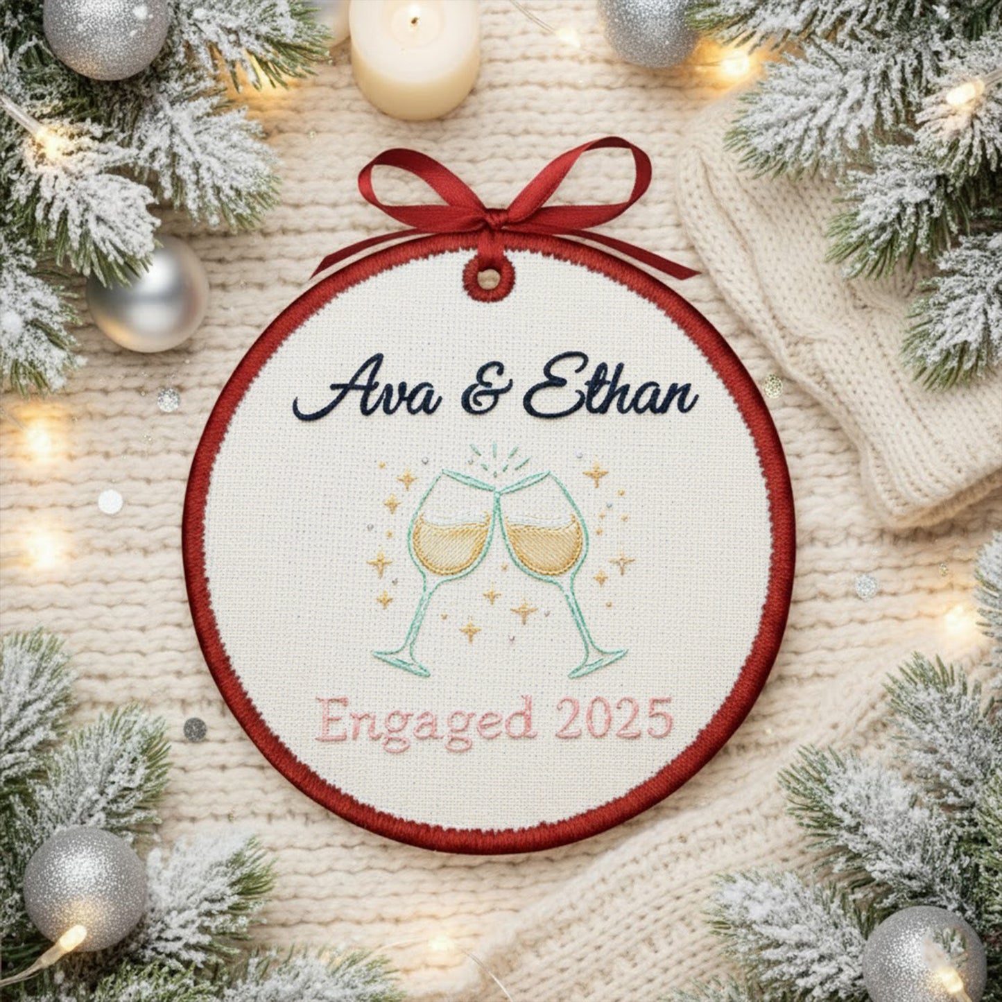 Personalized Embroidered Engagement Ornament 2025 – Custom Canvas Champagne Glasses Keepsake Gift for Engaged Couple, Embroidered Ornament