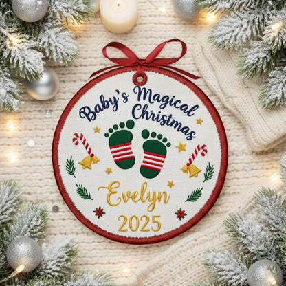 Personalized Embroidered Baby’s Magical First Christmas Ornament 2025 – Custom Canvas Keepsake Gift for Newborn, Xmas Embroidered Ornament