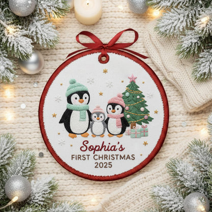 Personalized Embroidered Penguin Family Baby’s First Christmas Ornament – Custom Canvas Keepsake New Family, Christmas Embroidered Ornament