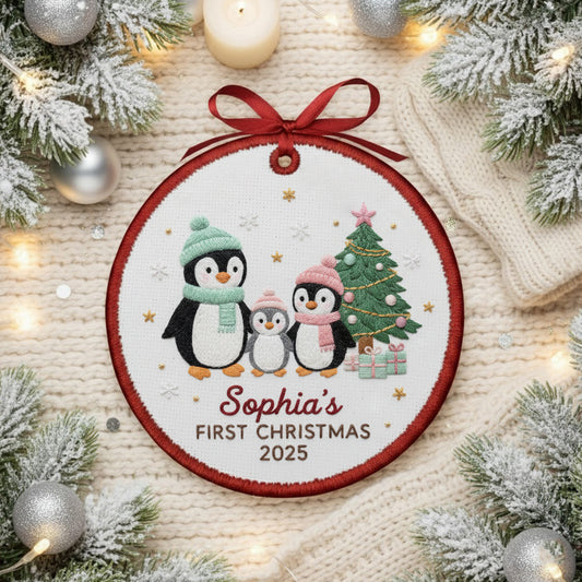 Personalized Embroidered Penguin Family Baby’s First Christmas Ornament – Custom Canvas Keepsake New Family, Christmas Embroidered Ornament