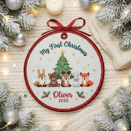 Personalized Embroidered My First Christmas Woodland Animals Ornament 2025 – Custom Canvas Keepsake Gift for Baby, Xmas Embroidered Ornament