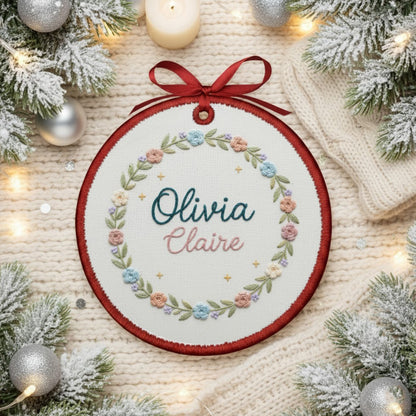 Personalized Embroidered Baby Name Hoop Ornament – Custom Floral Canvas Ornament, Nursery Wall Art & Baby Shower Gift, Embroidered Ornament