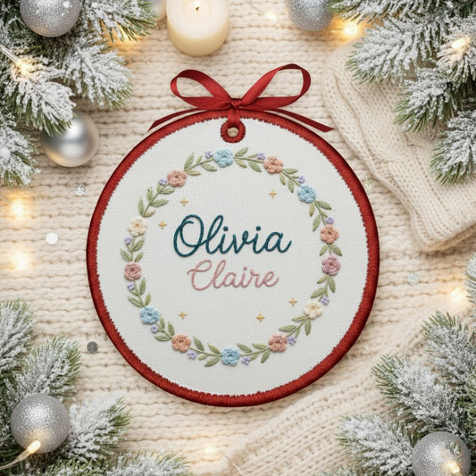 Personalized Embroidered Baby Name Hoop Ornament – Custom Floral Canvas Ornament, Nursery Wall Art & Baby Shower Gift, Embroidered Ornament