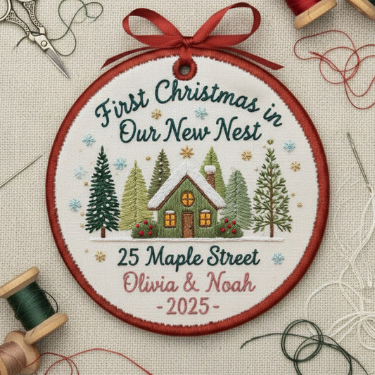 Personalized Embroidered First Christmas in Our New Home Ornament 2025 – Custom Canvas New House Keepsake Gift, Xmas Embroidered Ornament