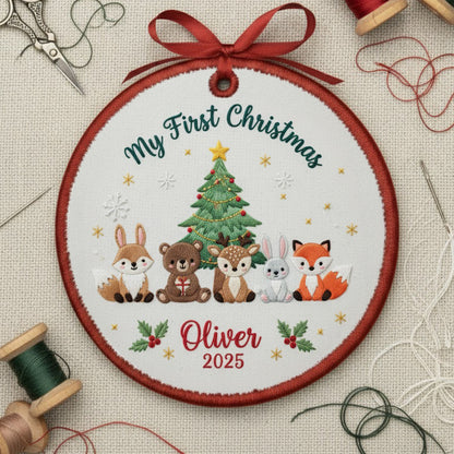 Personalized Embroidered My First Christmas Woodland Animals Ornament 2025 – Custom Canvas Keepsake Gift for Baby, Xmas Embroidered Ornament