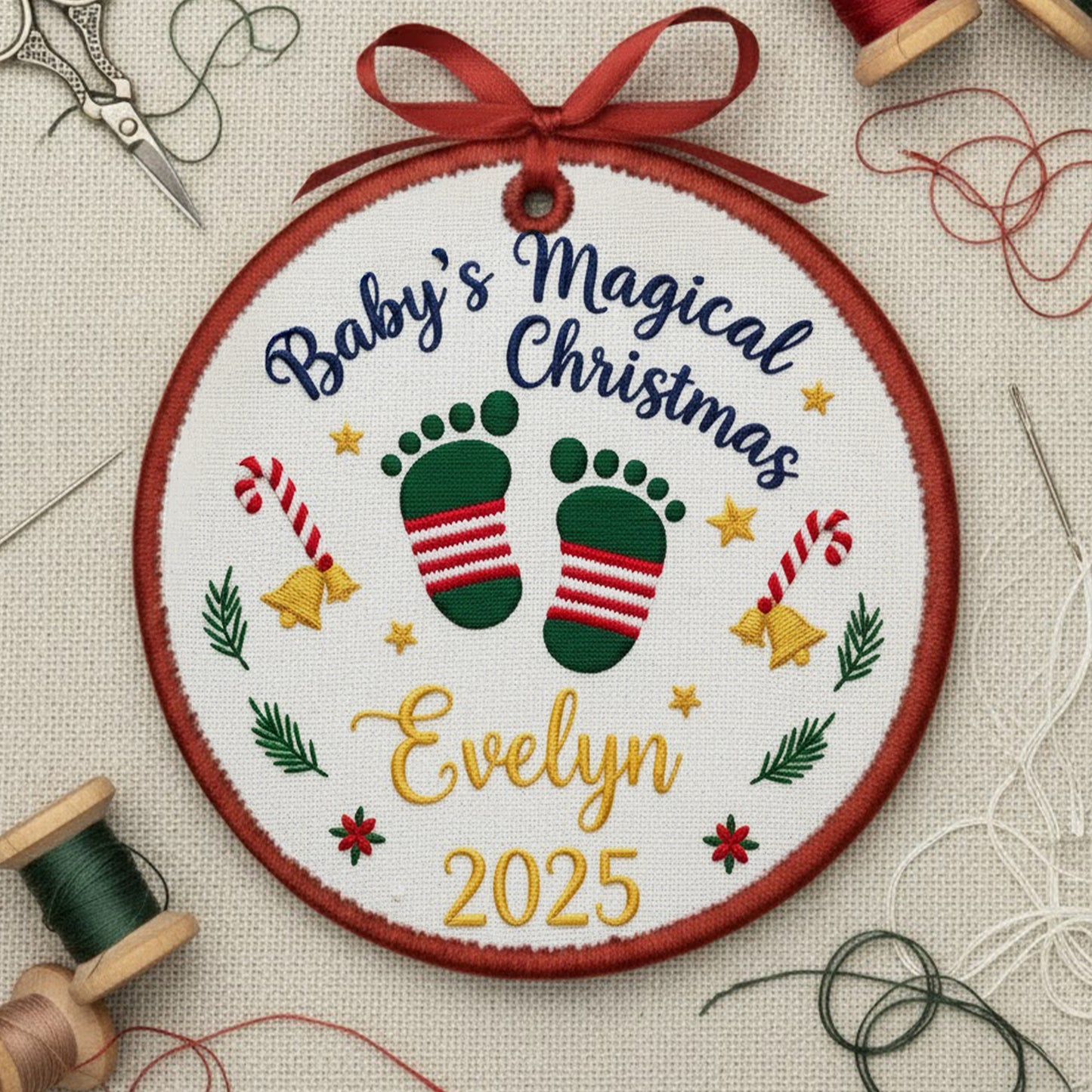 Personalized Embroidered Baby’s Magical First Christmas Ornament 2025 – Custom Canvas Keepsake Gift for Newborn, Xmas Embroidered Ornament