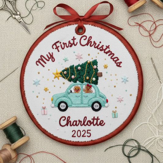 Personalized Embroidered My First Christmas Ornament 2025 – Custom Canvas Car with Tree Baby Keepsake Gift, Christmas Embroidered Ornament