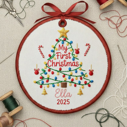 Personalized Embroidered Baby’s First Christmas Tree Ornament 2025 – Custom Canvas Keepsake Gift for Baby, Christmas Embroidered Ornament