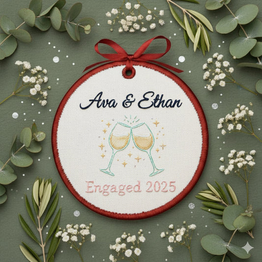 Personalized Embroidered Engagement Ornament 2025 – Custom Canvas Champagne Glasses Keepsake Gift for Engaged Couple, Embroidered Ornament