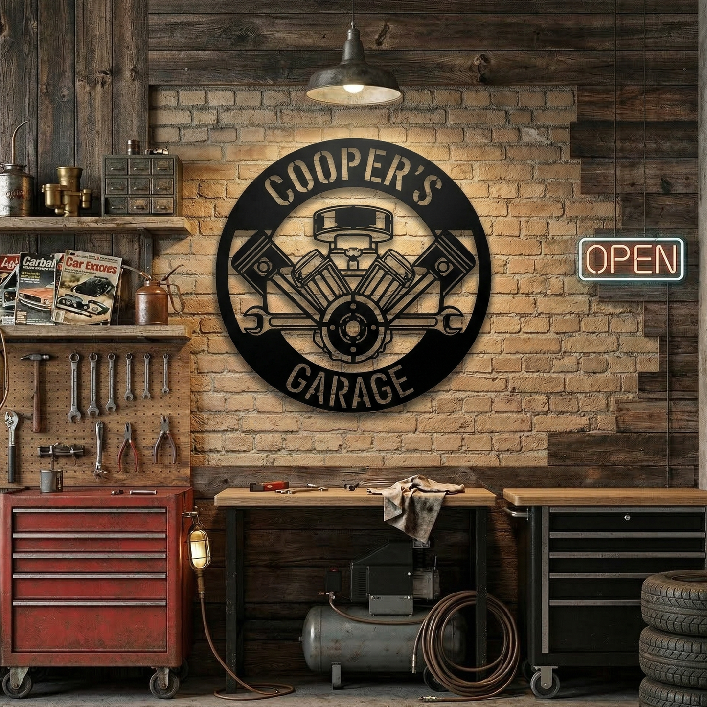 Custom Garage Metal Sign – Dad Gift, Mechanic Wall Decor with Piston & Wrench