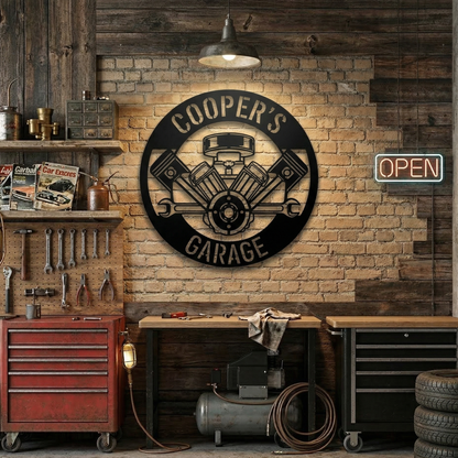 Custom Garage Metal Sign – Dad Gift, Mechanic Wall Decor with Piston & Wrench