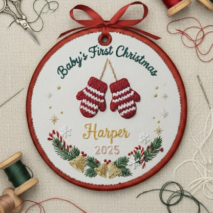 Personalized Embroidered Baby’s First Christmas Ornament 2025 – Custom Canvas Mittens Keepsake Gift for Newborn, Xmas Embroidered Ornament
