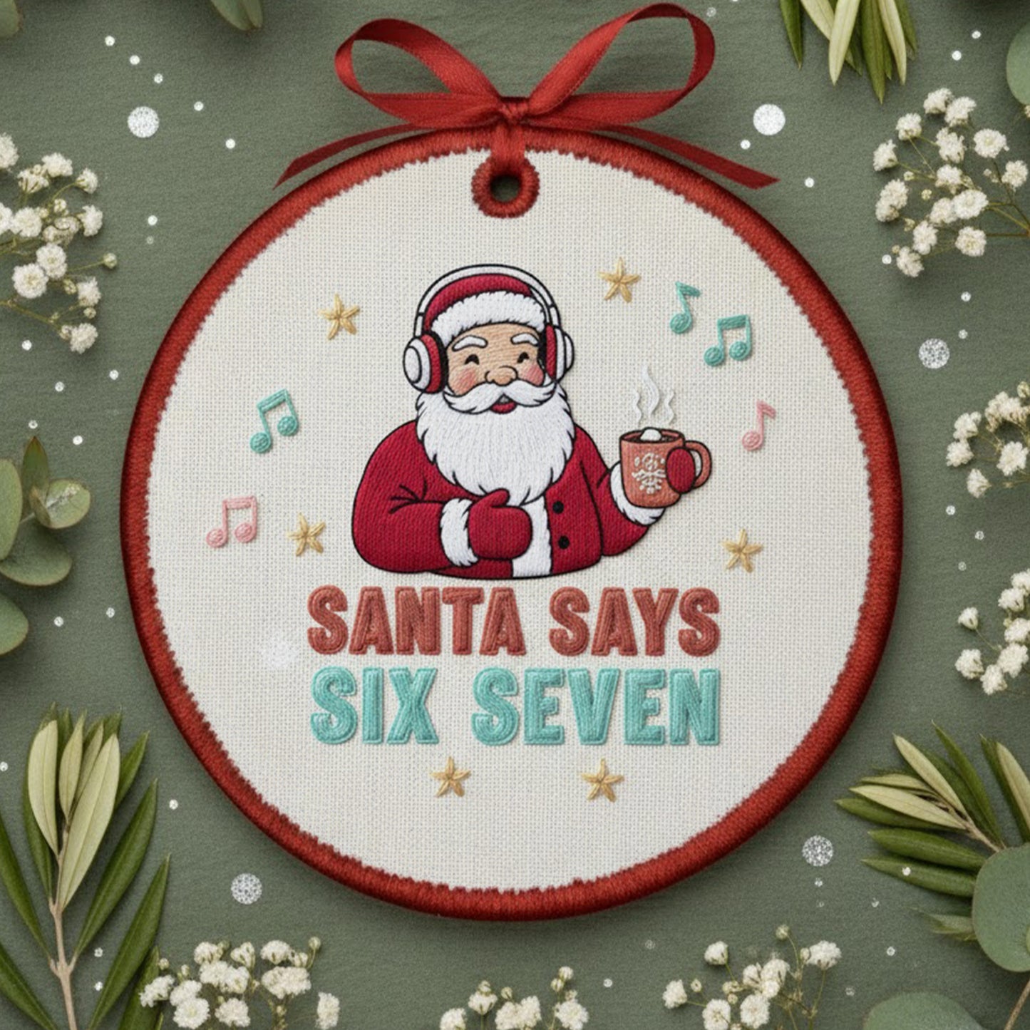 Funny Embroidered Santa Ornament – “Santa Says Six Seven” Custom Canvas Christmas Decor & Holiday Gift 2025, Xmas Embroidered Ornament