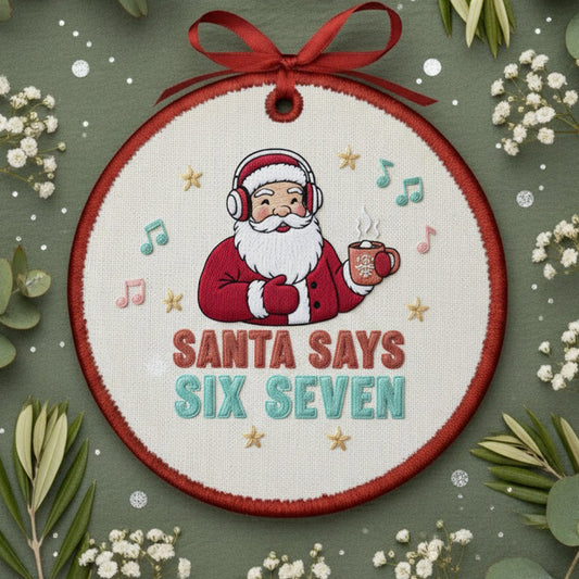 Funny Embroidered Santa Ornament – “Santa Says Six Seven” Custom Canvas Christmas Decor & Holiday Gift 2025, Xmas Embroidered Ornament