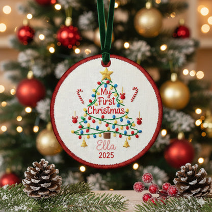 Personalized Embroidered Baby’s First Christmas Tree Ornament 2025 – Custom Canvas Keepsake Gift for Baby, Christmas Embroidered Ornament