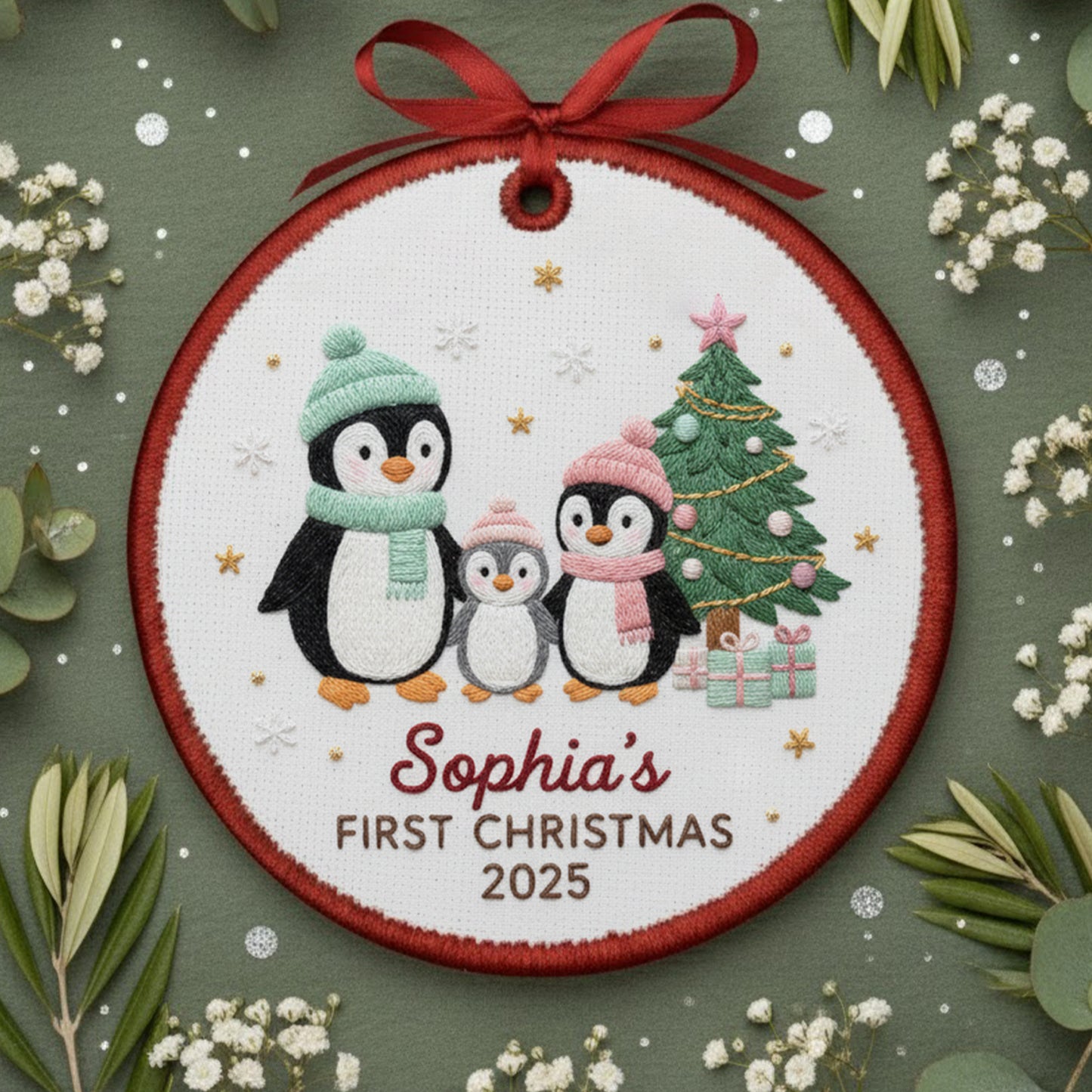 Personalized Embroidered Penguin Family Baby’s First Christmas Ornament – Custom Canvas Keepsake New Family, Christmas Embroidered Ornament