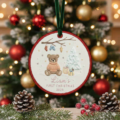 Personalized Embroidered Baby’s First Christmas Ornament 2025 – Custom Canvas Teddy Bear Keepsake Gift for Newborn, Embroidered Ornament