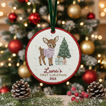 Personalized Embroidered Baby’s First Christmas Ornament 2025 – Custom Canvas Reindeer Keepsake Gift for Newborn, New Baby Gift