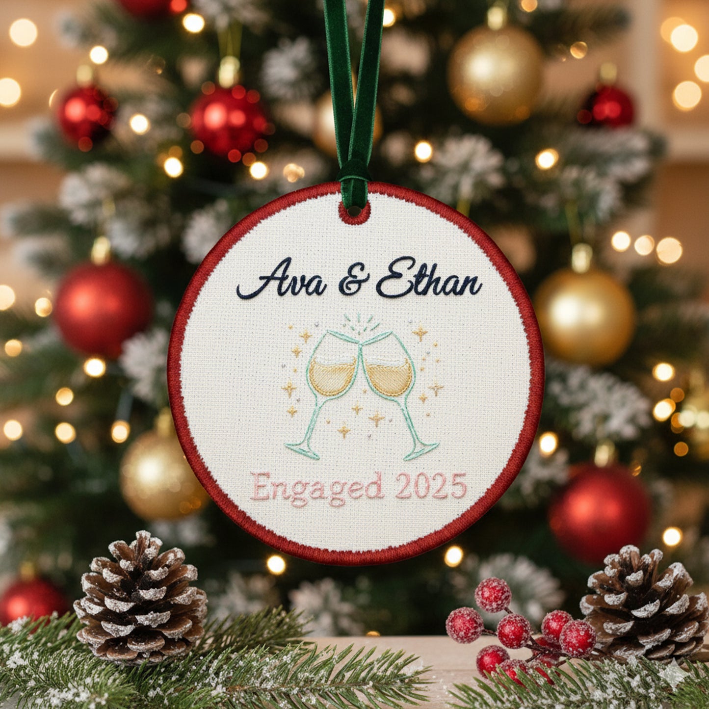 Personalized Embroidered Engagement Ornament 2025 – Custom Canvas Champagne Glasses Keepsake Gift for Engaged Couple, Embroidered Ornament