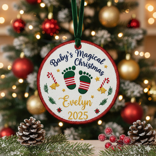 Personalized Embroidered Baby’s Magical First Christmas Ornament 2025 – Custom Canvas Keepsake Gift for Newborn, Xmas Embroidered Ornament