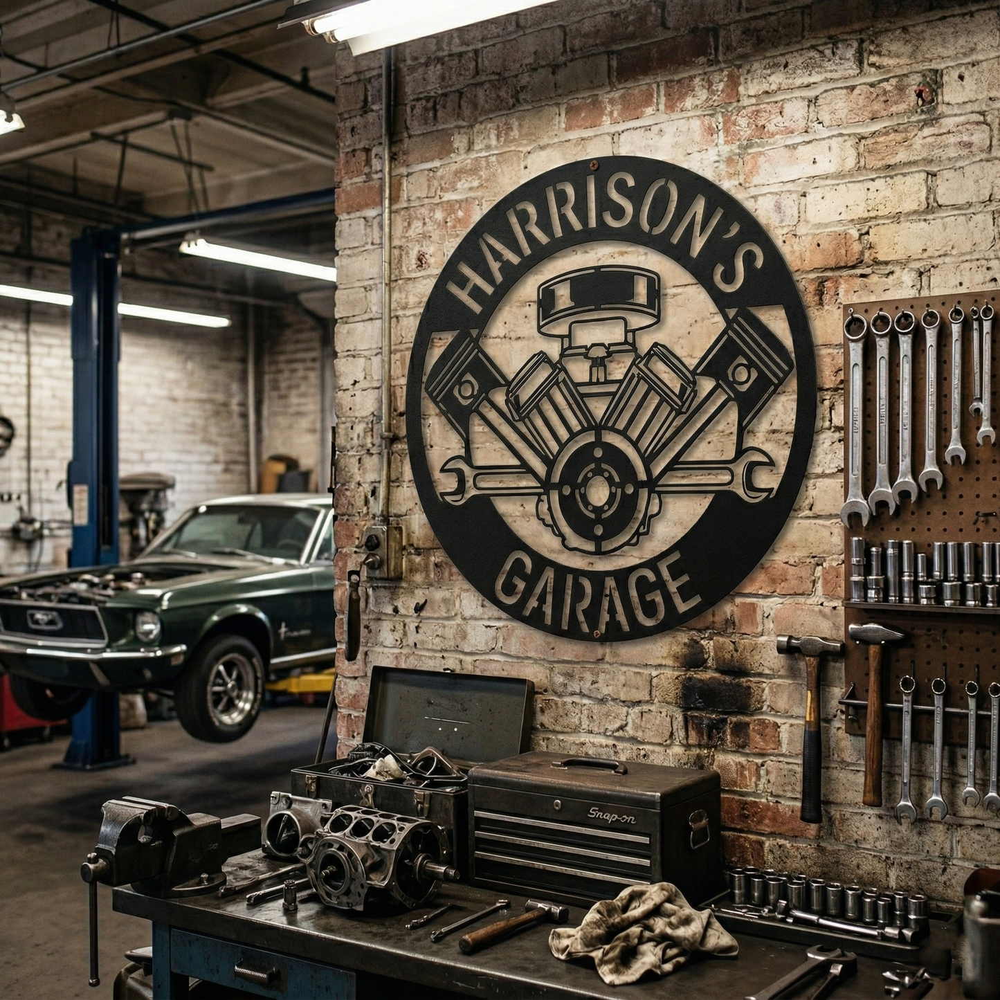 Custom Garage Metal Sign – Dad Gift, Mechanic Wall Decor with Piston & Wrench