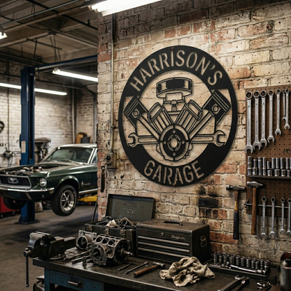 Custom Garage Metal Sign – Dad Gift, Mechanic Wall Decor with Piston & Wrench