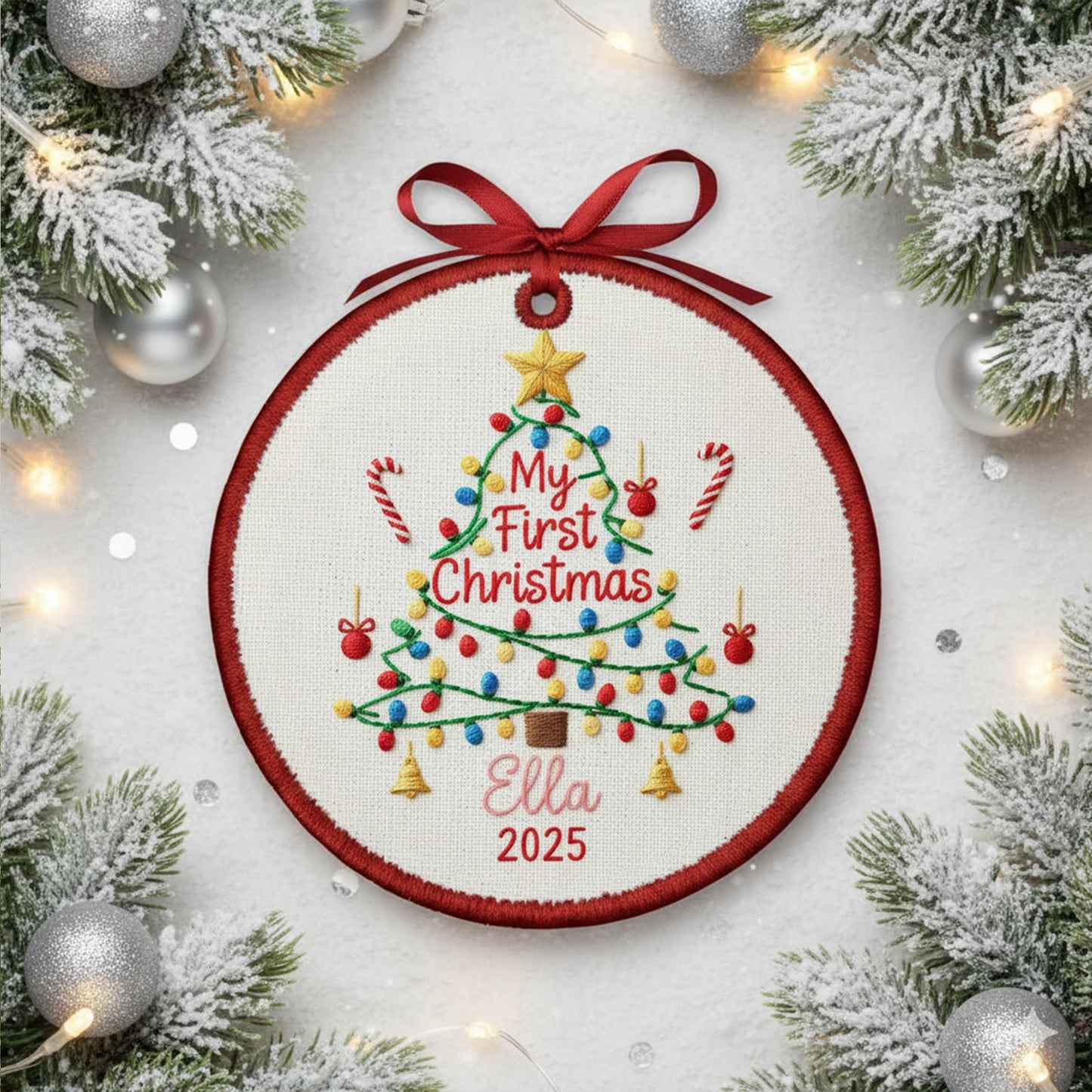 Personalized Embroidered Baby’s First Christmas Tree Ornament 2025 – Custom Canvas Keepsake Gift for Baby, Christmas Embroidered Ornament