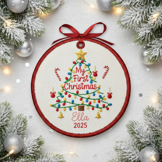 Personalized Embroidered Baby’s First Christmas Tree Ornament 2025 – Custom Canvas Keepsake Gift for Baby, Christmas Embroidered Ornament