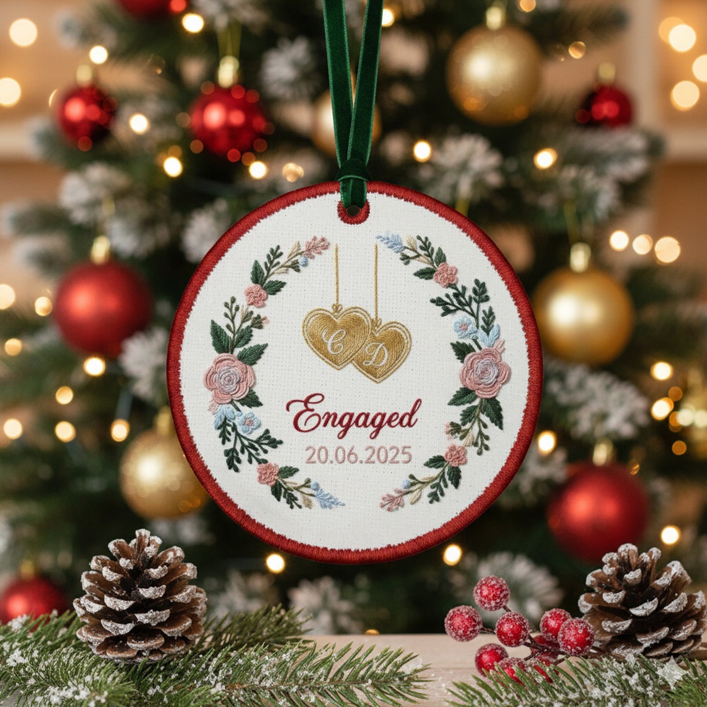Personalized Embroidered Engagement Ornament 2025 – Custom Canvas Floral Heart Keepsake Gift for Engaged Couples, Xmas Embroidered Ornament