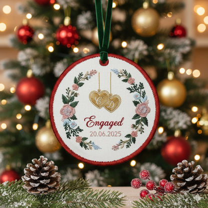 Personalized Embroidered Engagement Ornament 2025 – Custom Canvas Floral Heart Keepsake Gift for Engaged Couples, Xmas Embroidered Ornament