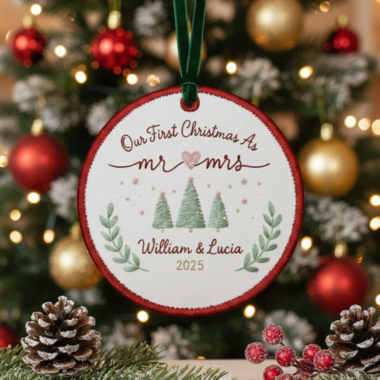 Personalized Embroidered Our First Christmas as Mr & Mrs Ornament 2025, Custom Canvas Newlywed Keepsake Gift,Christmas Embroidered Ornament
