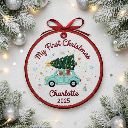 Personalized Embroidered My First Christmas Ornament 2025 – Custom Canvas Car with Tree Baby Keepsake Gift, Christmas Embroidered Ornament