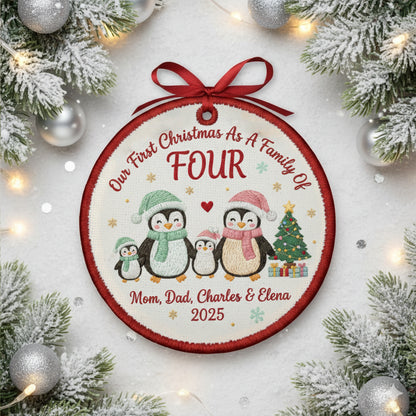 Embroidered Family of Three Penguin Christmas Ornament, Personalized Canvas Keepsake for New Family, Christmas Embroidered Ornament