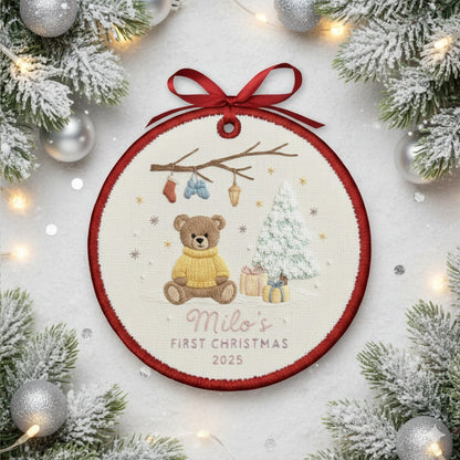 Personalized Embroidered Baby’s First Christmas Ornament 2025 – Custom Canvas Teddy Bear Keepsake Gift for Newborn, Embroidered Ornament