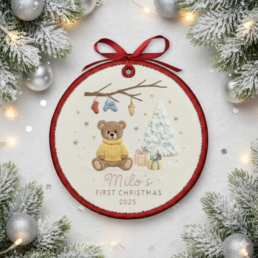Personalized Embroidered Baby’s First Christmas Ornament 2025 – Custom Canvas Teddy Bear Keepsake Gift for Newborn, Embroidered Ornament