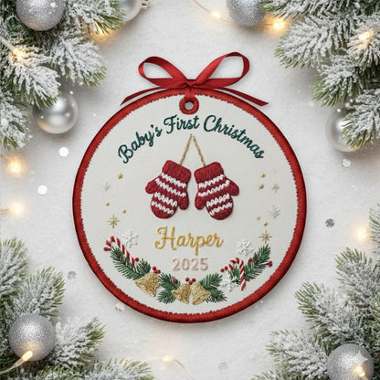 Personalized Embroidered Baby’s First Christmas Ornament 2025 – Custom Canvas Mittens Keepsake Gift for Newborn, Xmas Embroidered Ornament
