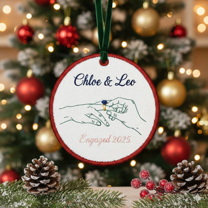 Personalized Embroidered Engagement Ornament 2025, Custom Canvas Hands with Ring Keepsake Gift for Engaged Couple, Xmas Embroidered Ornament