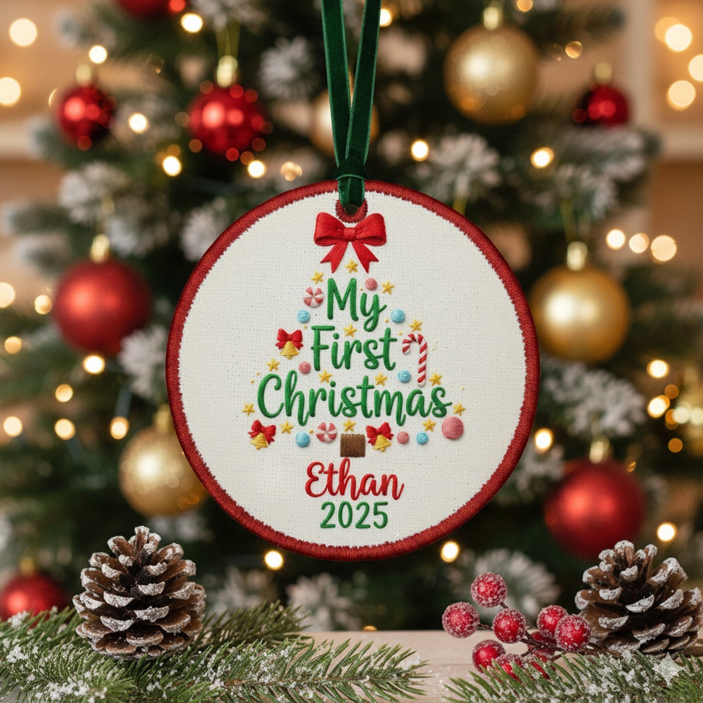 Personalized Embroidered Baby’s First Christmas Tree Ornament 2025 – Custom Canvas Keepsake Gift for Newborn, Christmas Embroidered Ornament