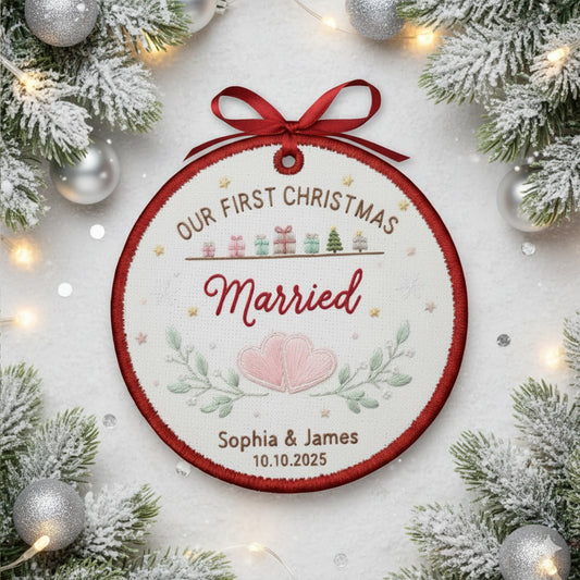 Personalized Embroidered Our First Christmas Married Ornament 2025 – Custom Canvas Wedding Keepsake Gift for Newlyweds, Embroidered Ornament