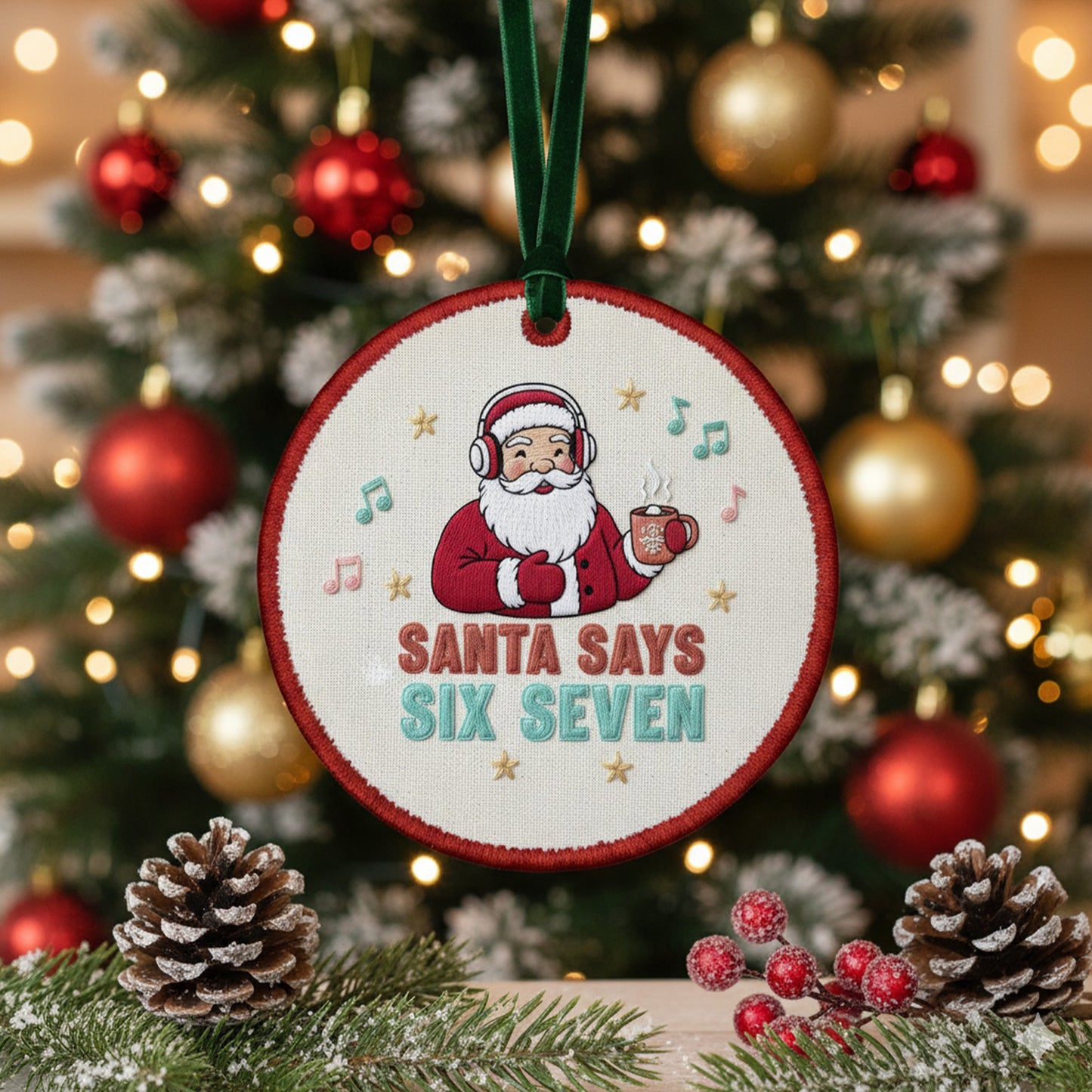 Funny Embroidered Santa Ornament – “Santa Says Six Seven” Custom Canvas Christmas Decor & Holiday Gift 2025, Xmas Embroidered Ornament