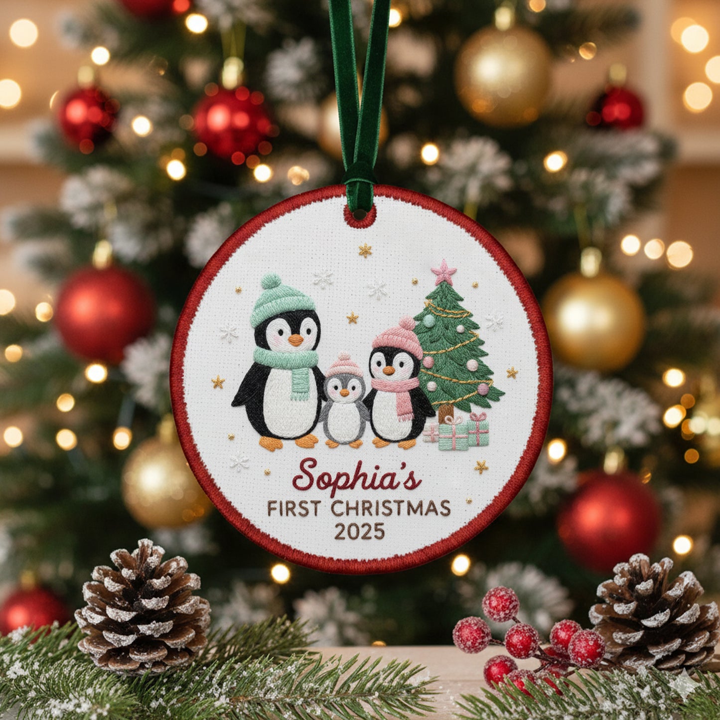 Personalized Embroidered Penguin Family Baby’s First Christmas Ornament – Custom Canvas Keepsake New Family, Christmas Embroidered Ornament
