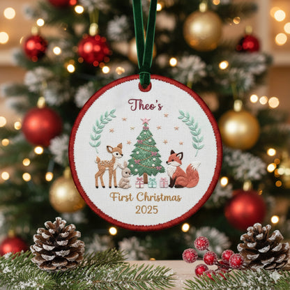 Personalized Embroidered Baby’s First Christmas Ornament 2025 – Woodland Animals Canvas Keepsake Gift for Newborn, Xmas Embroidered Ornament