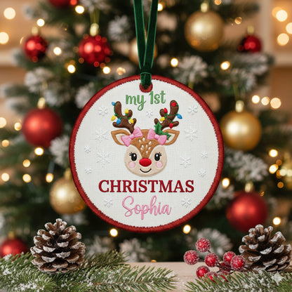 Personalized Embroidered My First Christmas Reindeer Ornament 2025 – Custom Canvas Keepsake Gift for Baby Girl, Xmas Embroidered Ornament