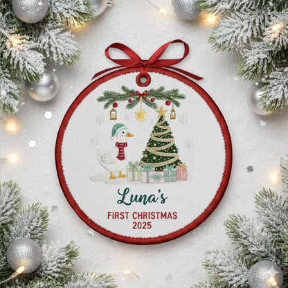 Personalized Embroidered Baby’s First Christmas Goose Ornament 2025, Custom Canvas Keepsake Gift for Newborn, Christmas Embroidered Ornament