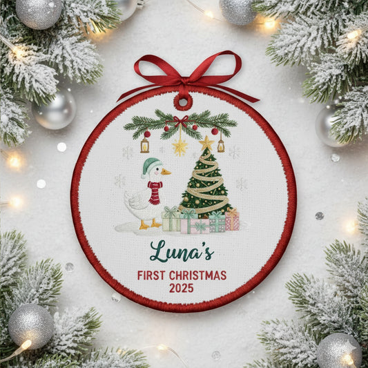 Personalized Embroidered Baby’s First Christmas Goose Ornament 2025, Custom Canvas Keepsake Gift for Newborn, Christmas Embroidered Ornament