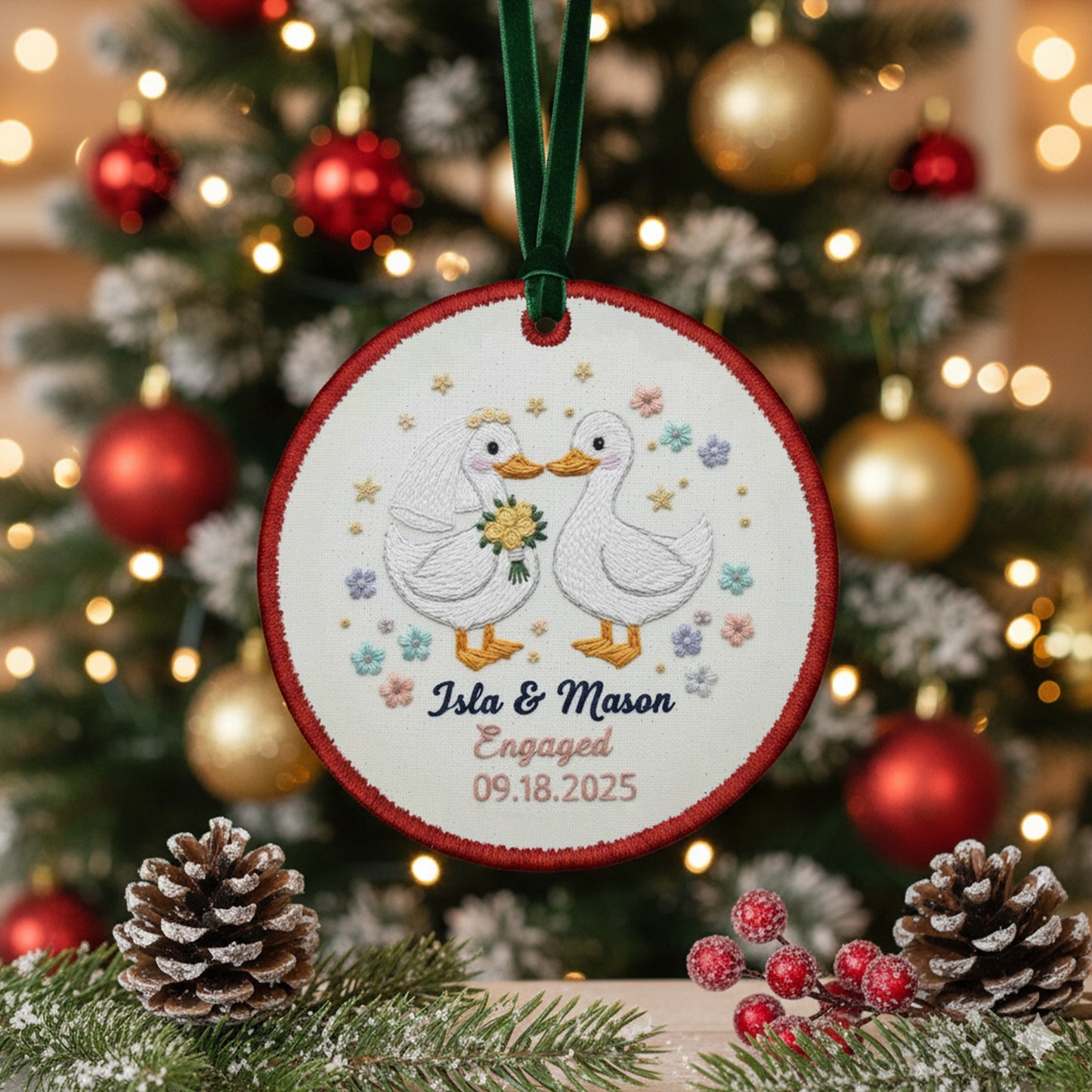 Personalized Embroidered Engagement Ornament 2025 – Custom Canvas Duck Couple Keepsake Gift for Engaged Couples, Xmas Embroidered Ornament