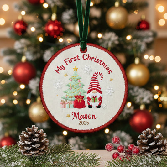 Personalized Embroidered Baby’s First Christmas Gnome Ornament 2025 – Custom Canvas Keepsake Gift for Newborn, Embroidered Ornament