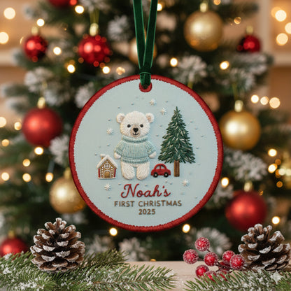 Personalized Embroidered Baby’s First Christmas Ornament 2025 – Custom Canvas Bear Keepsake Gift for Newborn, Embroidered Ornament for Baby