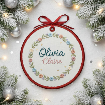 Personalized Embroidered Baby Name Hoop Ornament – Custom Floral Canvas Ornament, Nursery Wall Art & Baby Shower Gift, Embroidered Ornament