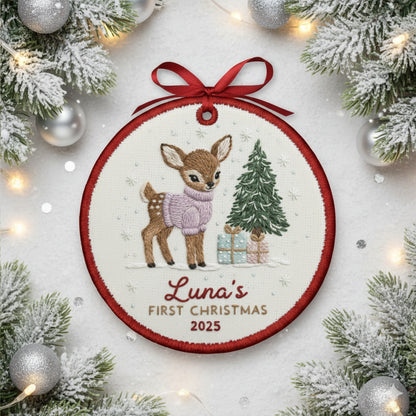 Personalized Embroidered Baby’s First Christmas Ornament 2025 – Custom Canvas Reindeer Keepsake Gift for Newborn, New Baby Gift